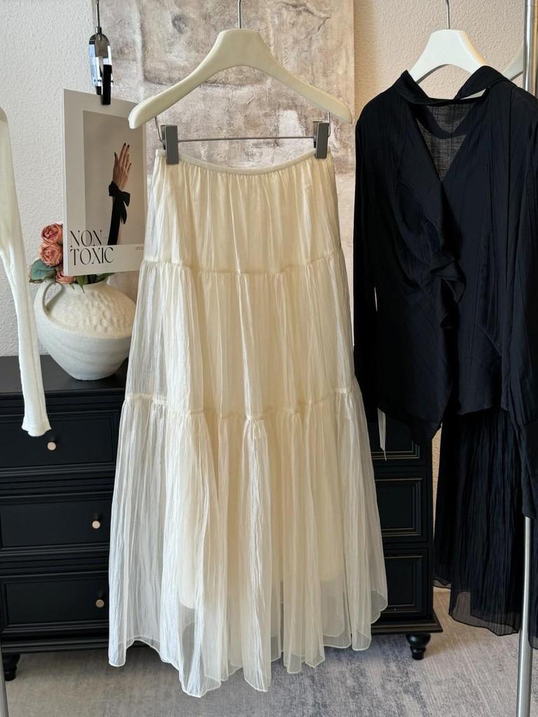 Spring 2026 High-End Draped A-Line Pearlescent Gauze Skirt for Women