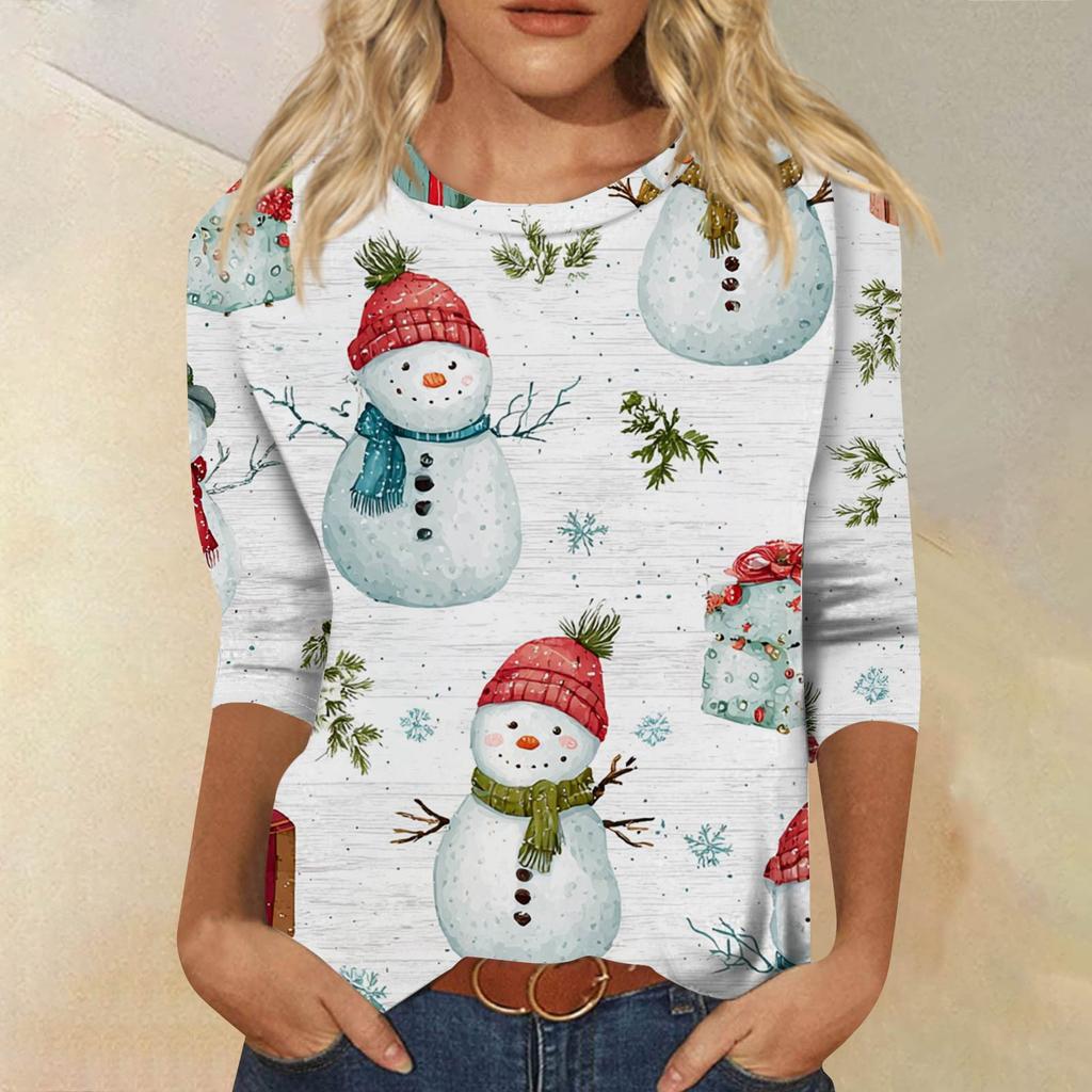 Women's Fashionable Casual Three-Quarter Sleeve Halloween Print Round Neck Top