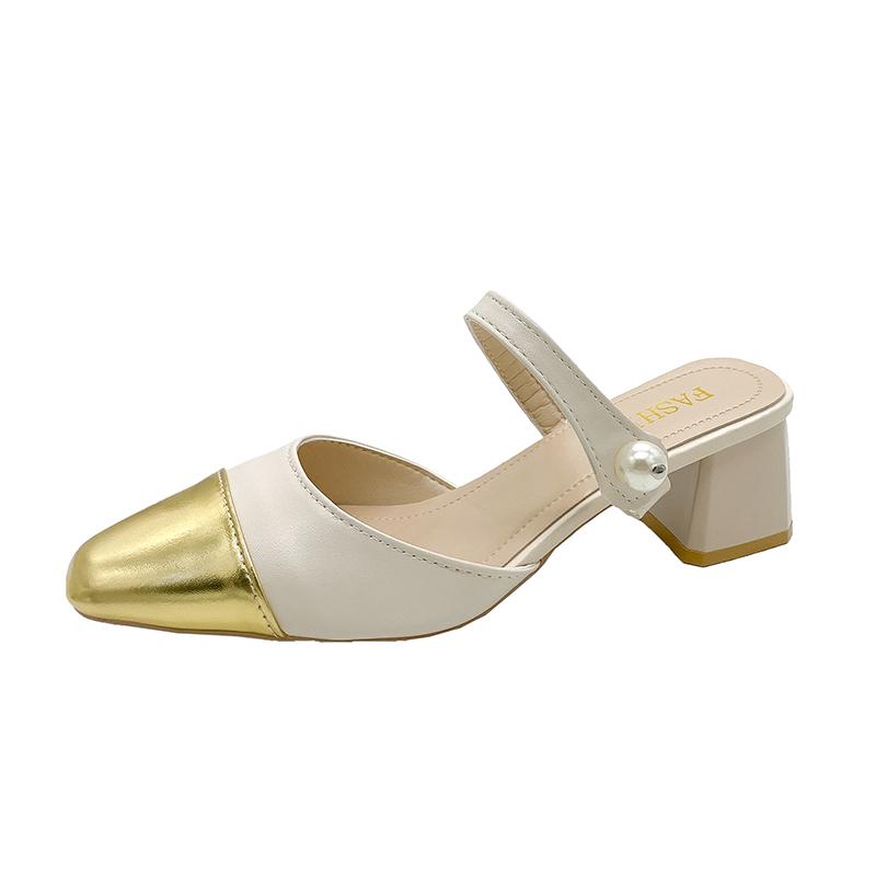 Fashion Aphixta 5cm Square Heels Pearl Dec Women Slides Pointed Toe Flip Flops Patchwork Summer Slides Fashion White Baby Silver Shoes