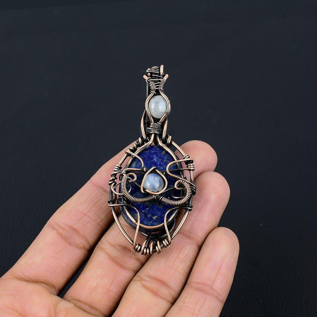 Lapis Lazuli & Moonstone Pendant Handmade Gemstone Jewelry, 999 Copper Wire Wrapped Pendant ,Unique Design Jewelry Pendant