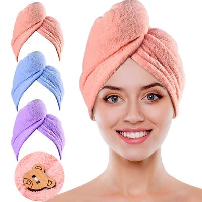 Toalha de Cabelo de MicrofibraToalha Envolvente para Secar CabeloToalha Turbante Super Absorvente com Botão de UrsoToalha de Secagem Rápida Para Mulheres/Crianças