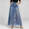 Saia Longa Jeans Lavado Elegante para Mulheres Cintura Alta Renda Floral Vazada Patchwork Cauda de Peixe Maxi Saia Casual Diária Festa Parte de Baixo