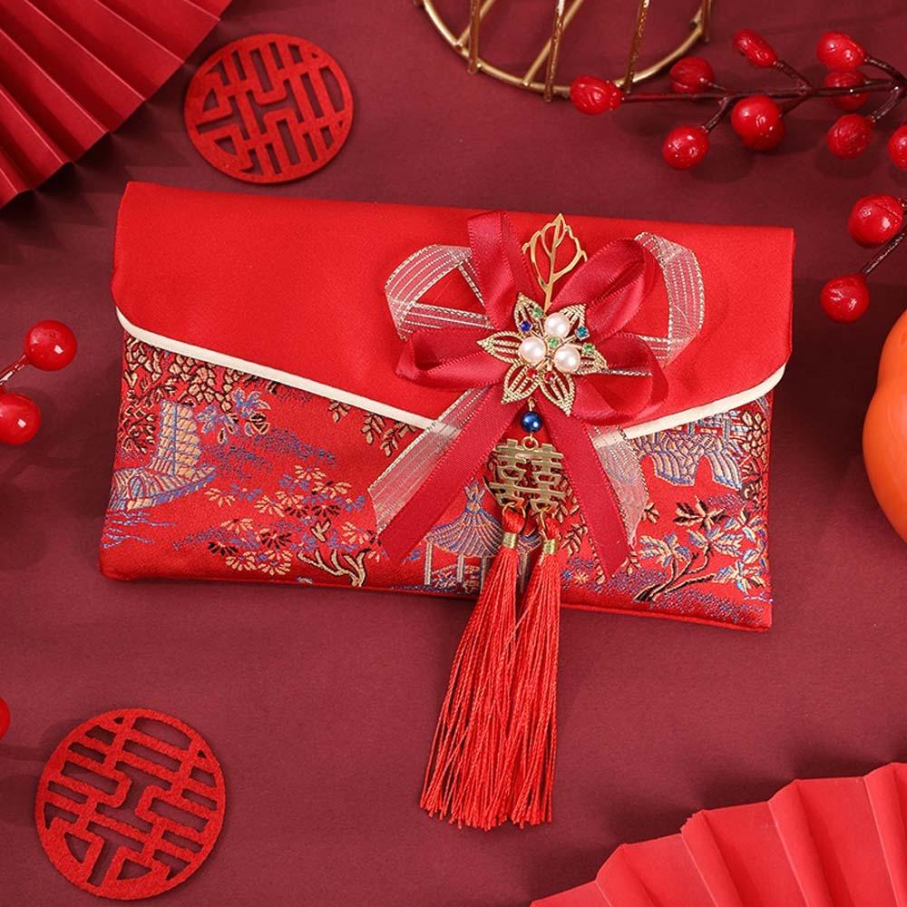 New Year Blessing Words Brocade Red Envelope Brocade Cloth Tassel New Year Money Bag  Party Gifts