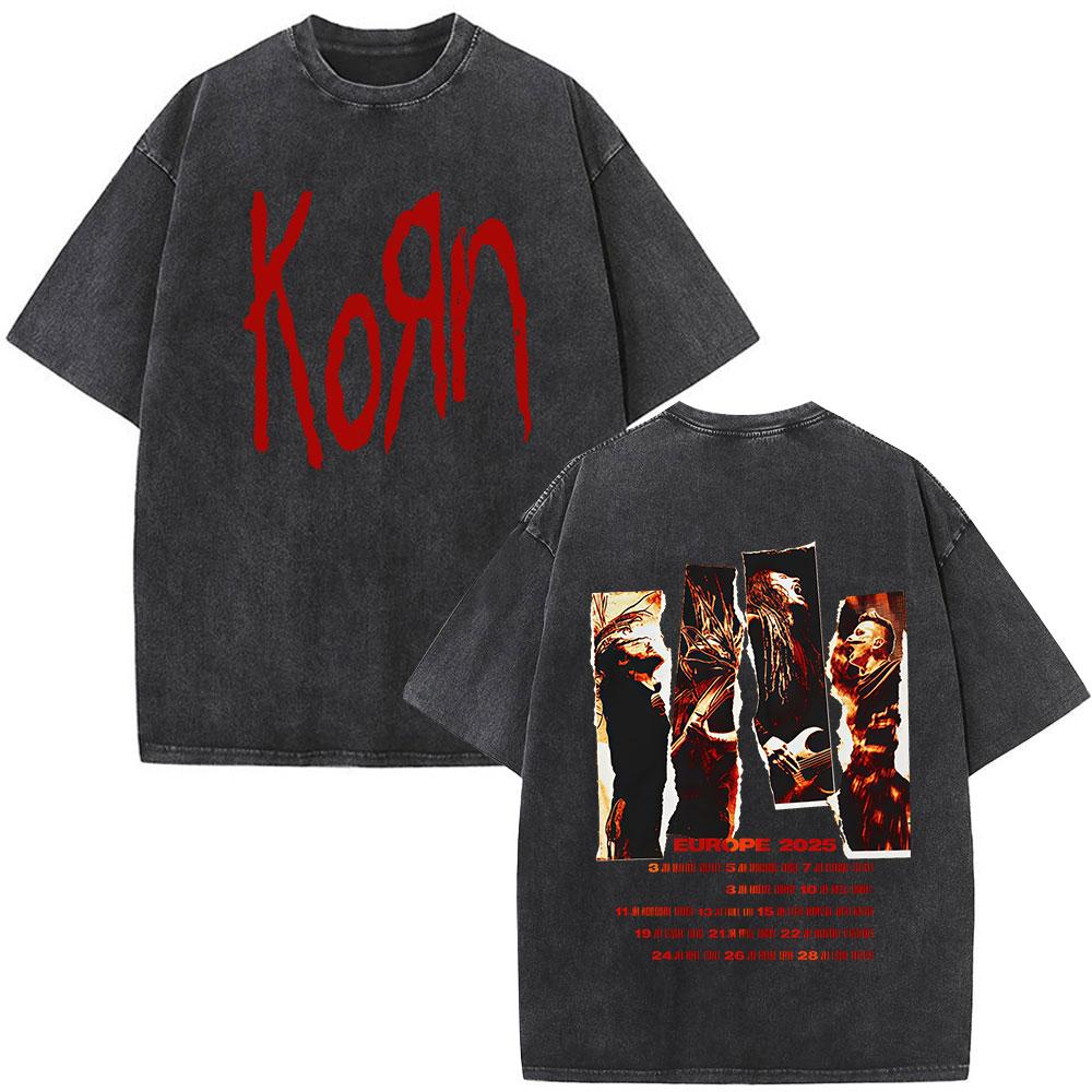 Korn Europe Tour Vintage Washed T Shirt Fan Gifts Metal Gothic Rock Band Tshirts Mens Clothing Casual Short Sleeve Tshirt