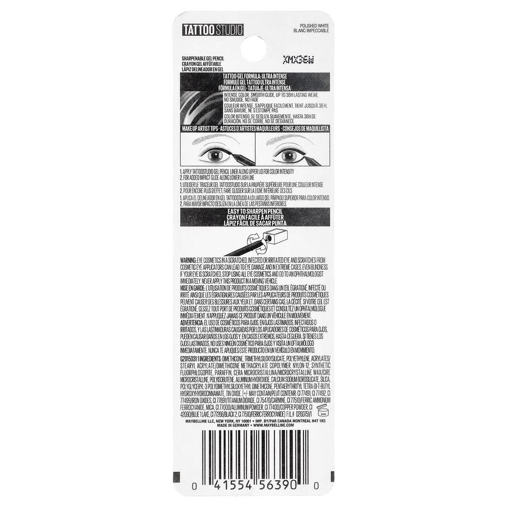 Maybelline Tattoo Studio, Eyeliner, Sharpenable Gel Pencil, Waterproof, 970 Polished White, 1.2 G (0.04 Oz)