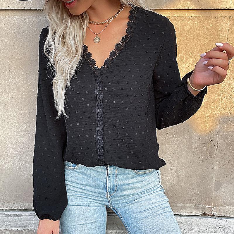 YYFS Women's Fashion Casual Summer Spring Solid Color Print Long Sleeve V-Neck Blouses & Shirts