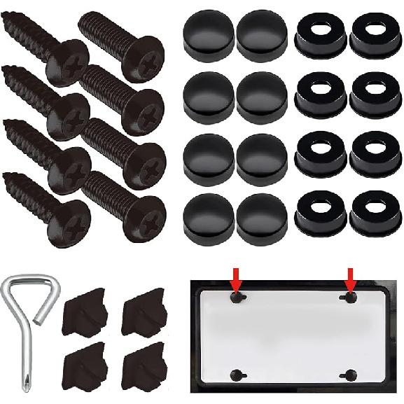 4 Set Black Anti Theft License Plate Screws Kits, Rustproof Stainless Steel Car Tag Plate Mounting Hardware, M6 (1/4") Tamper Proof Screws for Front