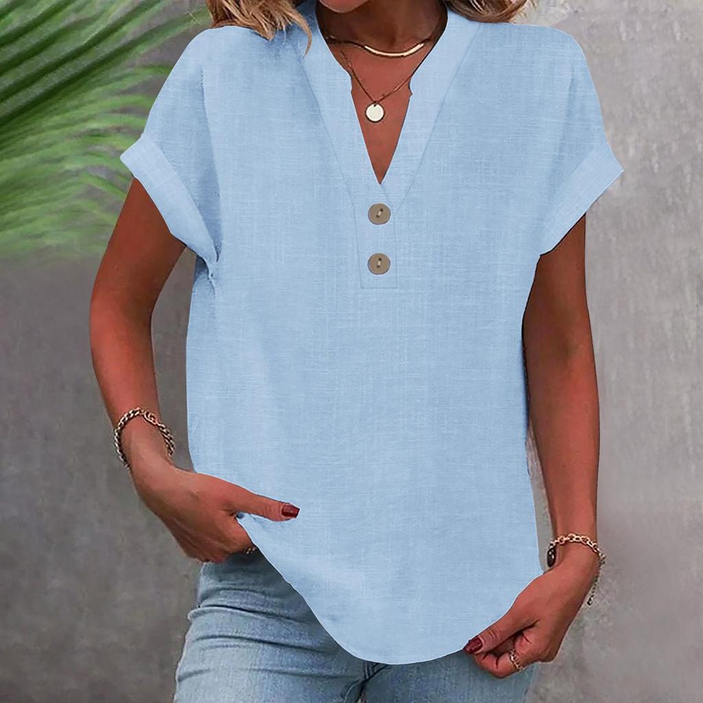 2025 Women's Solid Color V-Neck Buttoned Cotton-Linen Short-Sleeve Top