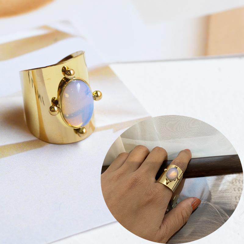 

Creative Gold Plated Stainless Steel Rings for Women Simple Geometric Round Natural Stone Finger Ring Boho Vintage Zircon Gift