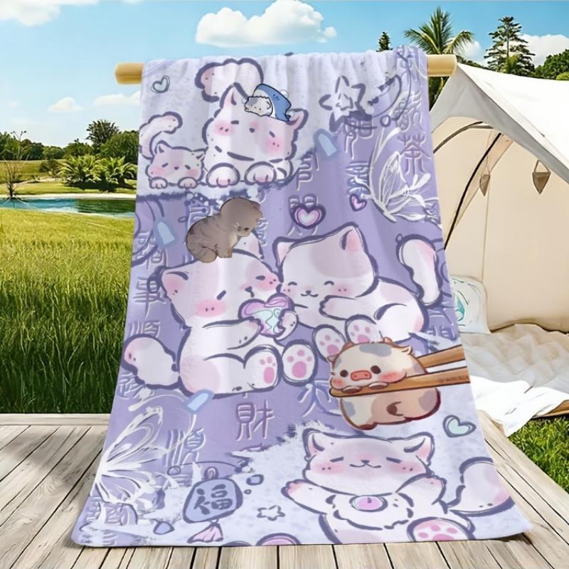 

2D Flat - 1pc Cute Cat Illustration Beach Towel | Soft, Skin-Friendly, Non-Shedding, Easy to Clean,Durable, Resistant to Pilling W40*H60(CM)