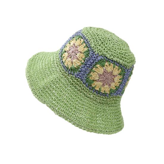 

Straw Hat Bohemian Floral Pattern Foldable Beach Hat Wide Brim Hollow Design Bucket Hat Breathable Summer Accessory светло-зеленый