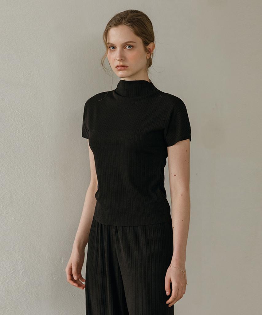 Akitaipeu Pleated Setup Mock Neck Short Sleeve Top_Black
