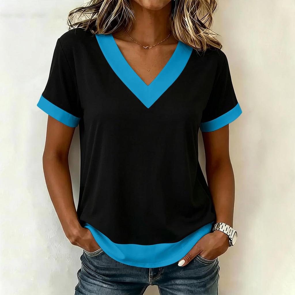 Women's Casual Color Block V Neck Short Sleeve T Shirt Top Lightweight Soft Fabric Relaxed Fit Layered Hem Design