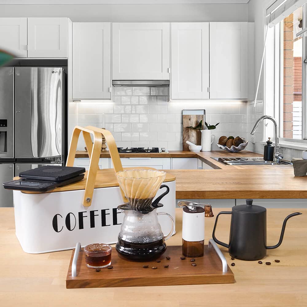 SOTECH All-in-one Coffee Set, Manual Grinder, Black Kettle, Coffee Dripper Pot, Glass Server, Coffee Filter and Paper, Coffee Tools Maker Set with