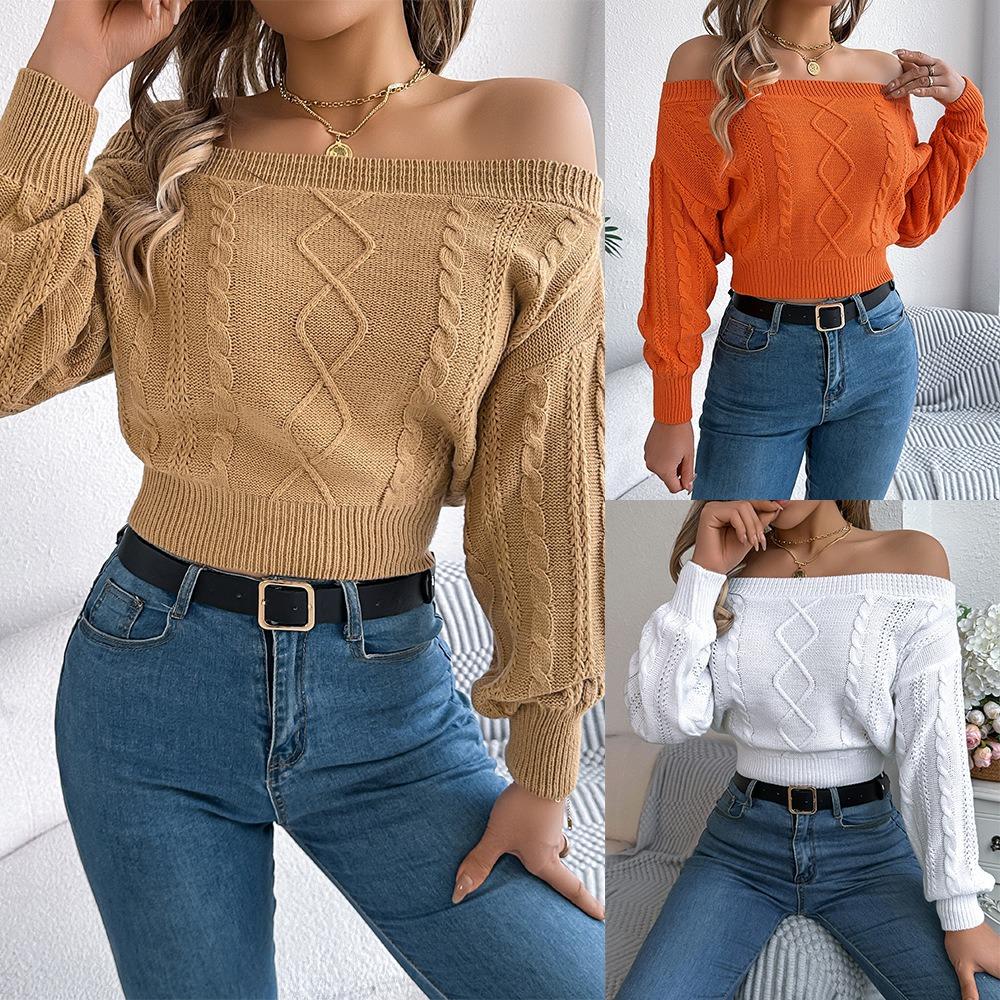Women's Knitted Sweater Casual Solid Colour Off-the-Shoulder Long-Sleeved Pullover Sweatshirt