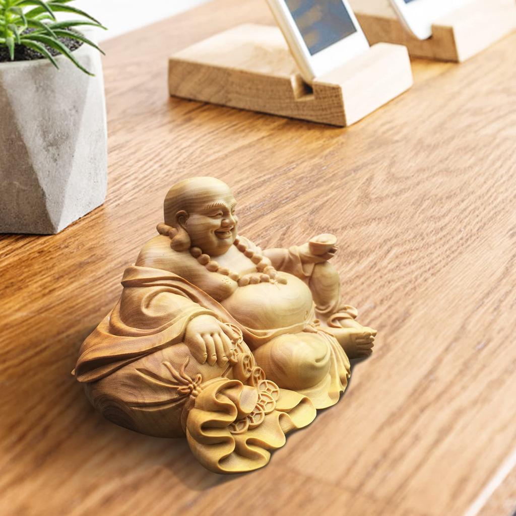 Lhyxuuk Hotei Feng Shui Maitreya Bodhisattva Buddha Holz Reichtum Gutes Wachstum Finanzielles Innenraum Ornament, Waren, Statue, Hoteis Lächeln, Schnitzerei,