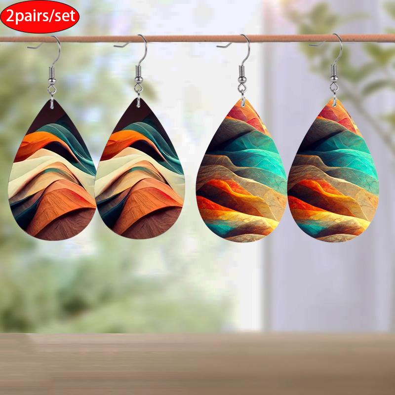 Colorful Mountain Abstract Painting PU Leather Earrings for Women Creative Lively Earrings Tears Earrings Jewelry Matching for Wedding Gift