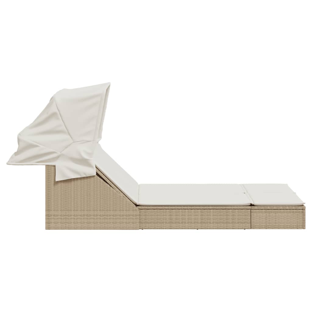 Double Sun Lounger with Canopy and Cushions Beige Poly Rattan