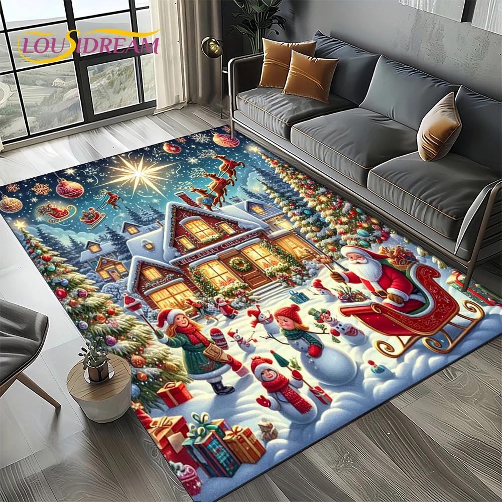 2025 Merry Christmas Tree Santa Claus,New Year Fairy Tale Gift Carpet Rug for Home Bedroom Sofa Doormat Decor,Non-slip Floor Mat