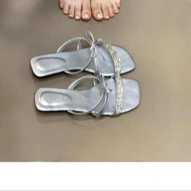 Summer New Style Women Crystal Butterfly-knot Slippers Concise Beach Slide Ladies Thick Heel Dress Sandals Zapatos Mujer