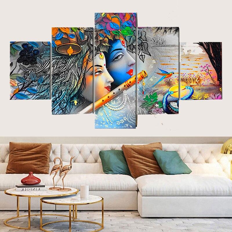 5 Panels Lord Krishna Figure Canvas Painting Nordic Abstract Posters and Prints Wall Picture for Living Room Home Decor No Frame