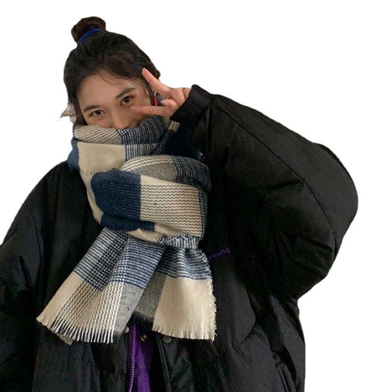 Blue Grid Imitation Cashmere Scarf for Female Korean Female Winter Ladies Winter Students Japanese