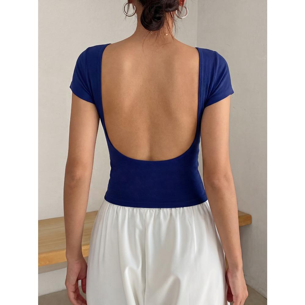 Women's Round Neck Short Sleeve Solid Color U Backless Slim Fit Cropped T Shirt Casual Summer Basic Workout Tee Top