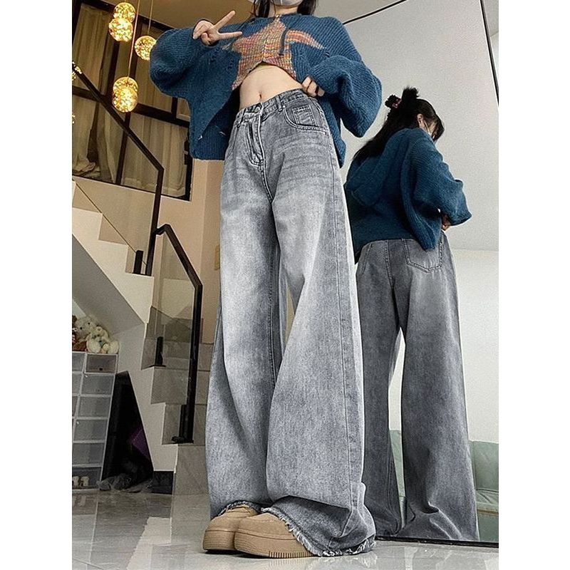 Washed Light Gray Retro American Wide Leg Denim Women's Small High Waist Loose and Slimming Burr Straight Pants