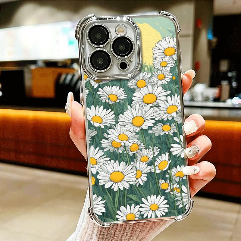 

Daisy Flowers Aesthetics Plating Phone Case For Iphone 16 17 Pro Max Air 16E 14 15 Plus 12 13 Mini Anti-Fall Airabag Cover iPhone 15