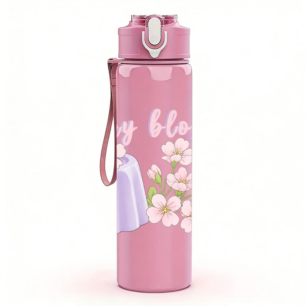 1PC Cherry Blossom Flower Vase Print 750ml Color Plastic Sports Water Bottle Leakproof Flip Straw Lid Suitable for Sports Office Home Use