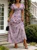 Women Modern Elegant Casual Fashion Short Sleeve Dress Watercolor Rose Print Light Purple Color Maxi Dress Spring Summer Female Clothing For Vacation