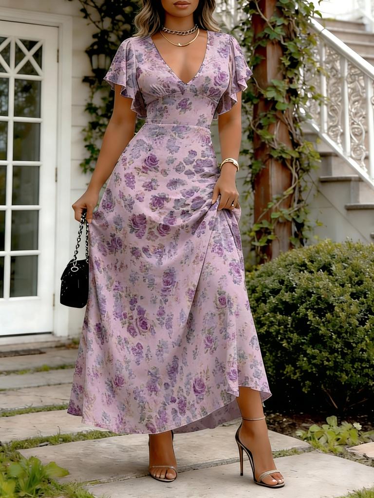 Women Modern Elegant Casual Fashion Short Sleeve Dress Watercolor Rose Print Light Purple Color Maxi Dress Spring Summer Female Clothing For Vacation