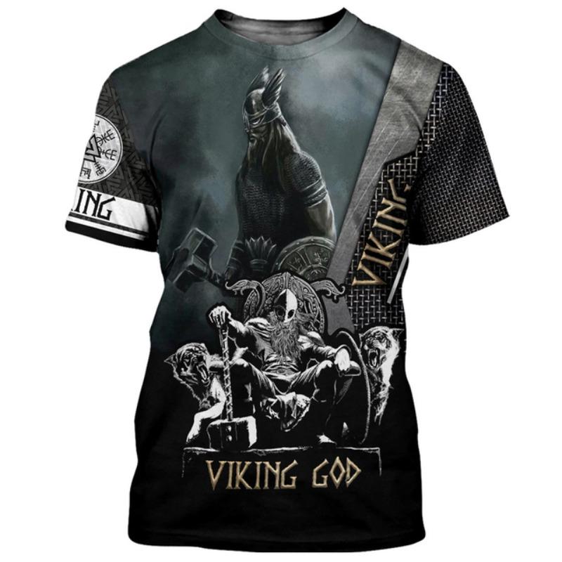 Fashion Personality Viking Print T-shirt Men's Casual O-neck Short Sleeve Top Hip Hop Harajuku Clothing Summer Oversized Shirt