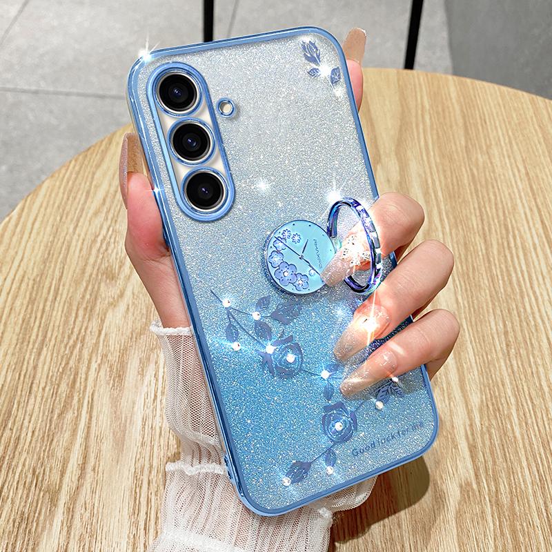KADEM For Samsung Galaxy M52 5G Flower Pattern Back Cover Ring Kickstand Glitter Gradient TPU Phone Case