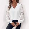Women's V Neck Lace Patchwork Long Sleeve Blouse Ruffle Cuff Elegant Casual Shirt Top