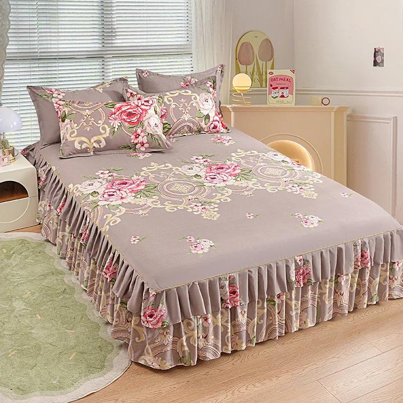 Nordic Floral Queen Bed Skirt Without Pillowcase Double Single Mattress Cover Anti-slip Full Size Adjustable Bedspread 360°Warp