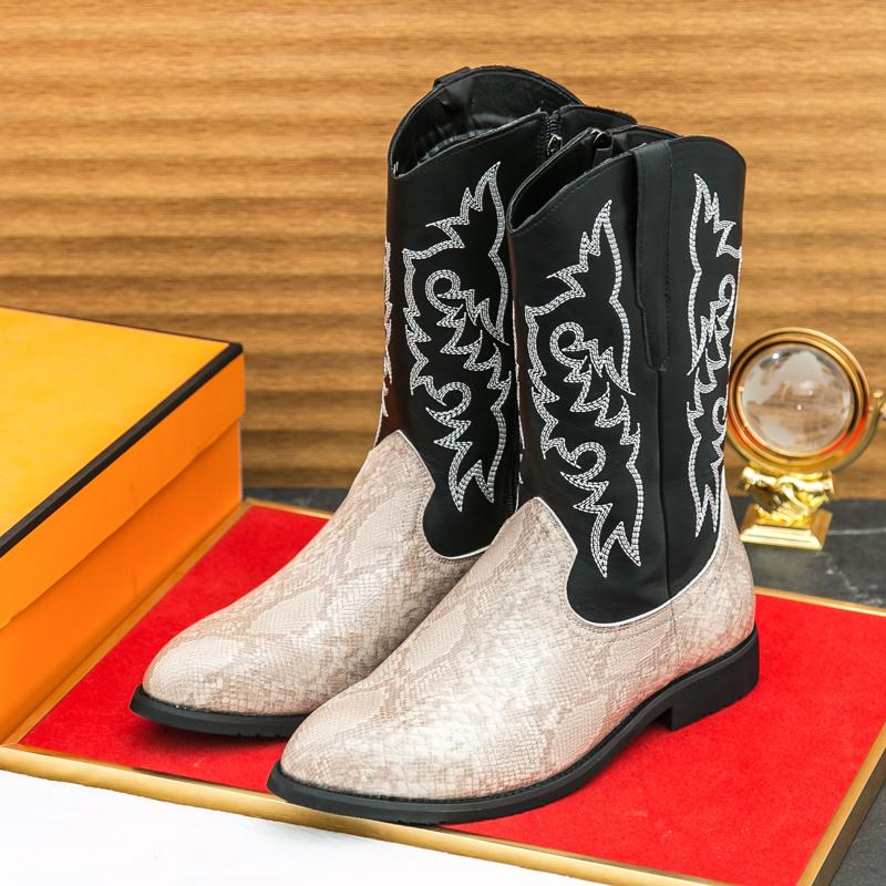 

Модные осенние новые мужские удобные вышитые ковбойские сапоги в западном стиле, модный бренд, узор змеиной кожи, острый носок, боковая молния, высокие ботинки 46 бежевый