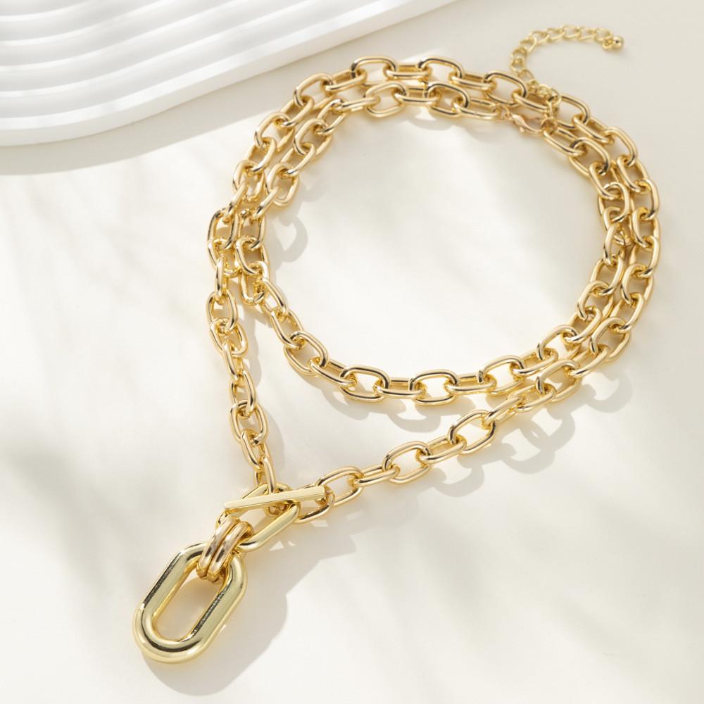 Layered Aluminum Stylish Chain Necklace With Geometric Metal Lock For Women