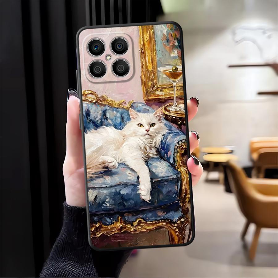 

Case for Honor 200 400 Lite 8X X5b X8 X6 70 X9a X7 Magic5Lite 90 Funda Phone Cover Cartoon Oil Painting Cat Honor 8X