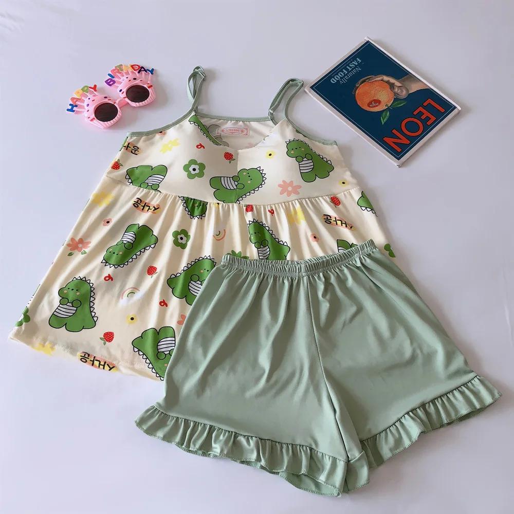 

Пижама без рукавов, сексуальный тонкий комплект домашней одежды с мультяшным принтом, женское нижнее белье с подтяжками и подтяжками, женская студенческая пижама M