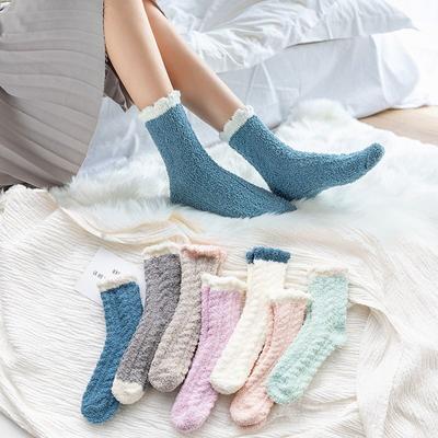 Chaussettes en velours de corail pour femmes, chaussettes chaudes d'hiver en dentelle à volants, chaussettes à volants, Calcetines épaisses Kawaii, chaussettes de sol d'intérieur