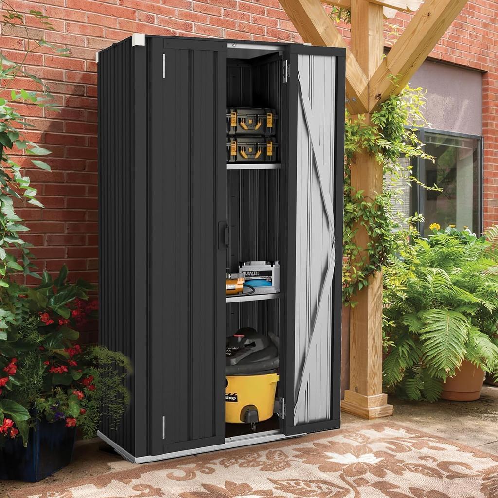 YODOLLA Tall Outdoor Garden Storage Cabinet with 3 Adjustable Shelves, Weatherproof Metal Cupboard for Garage Patio - Dark Grey