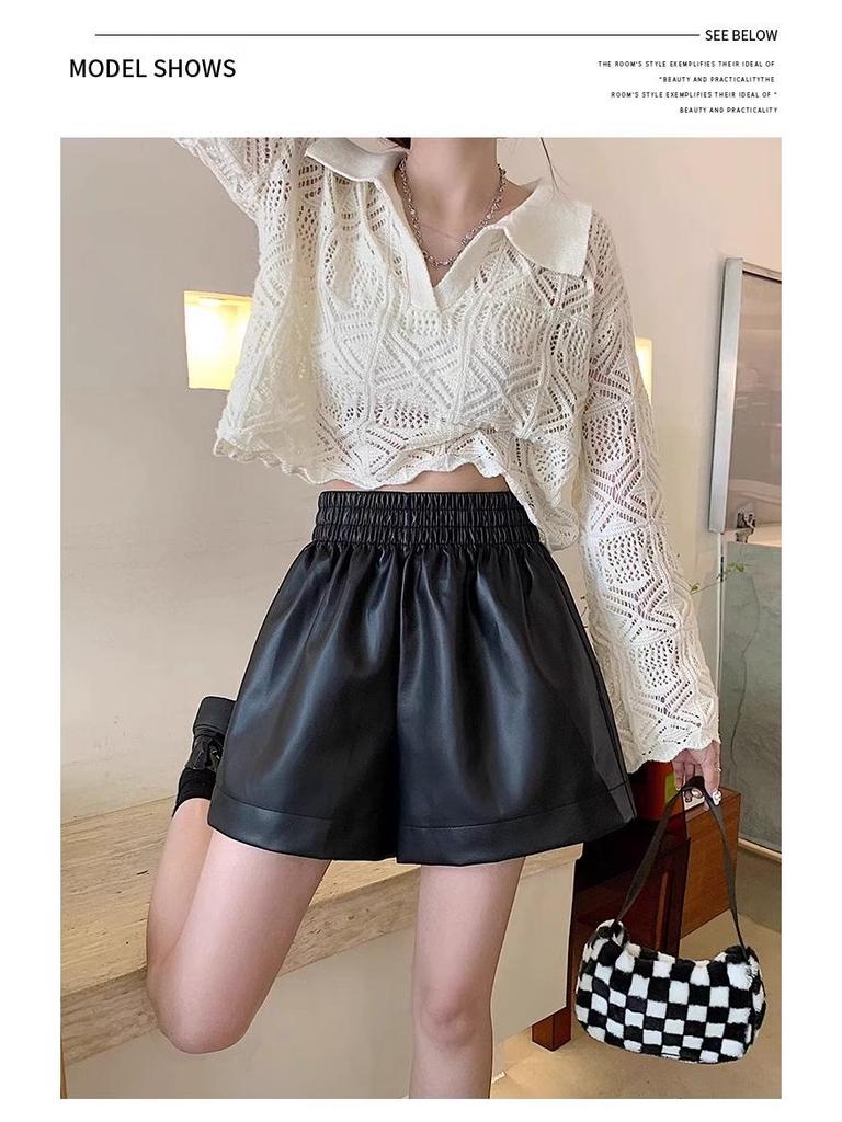 PU Leather Women’s High-Waist A-Line Shorts – Autumn/Winter 2025 Black Fashion Wide-Leg Casual Pants