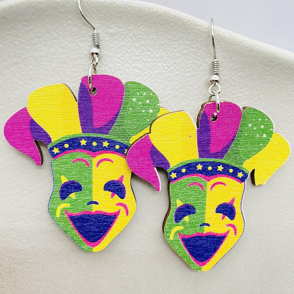 Ohrringe Karneval Bunter Festival Schmuck Übertriebene Maske Wassertropfen Hohl Holzohrringe