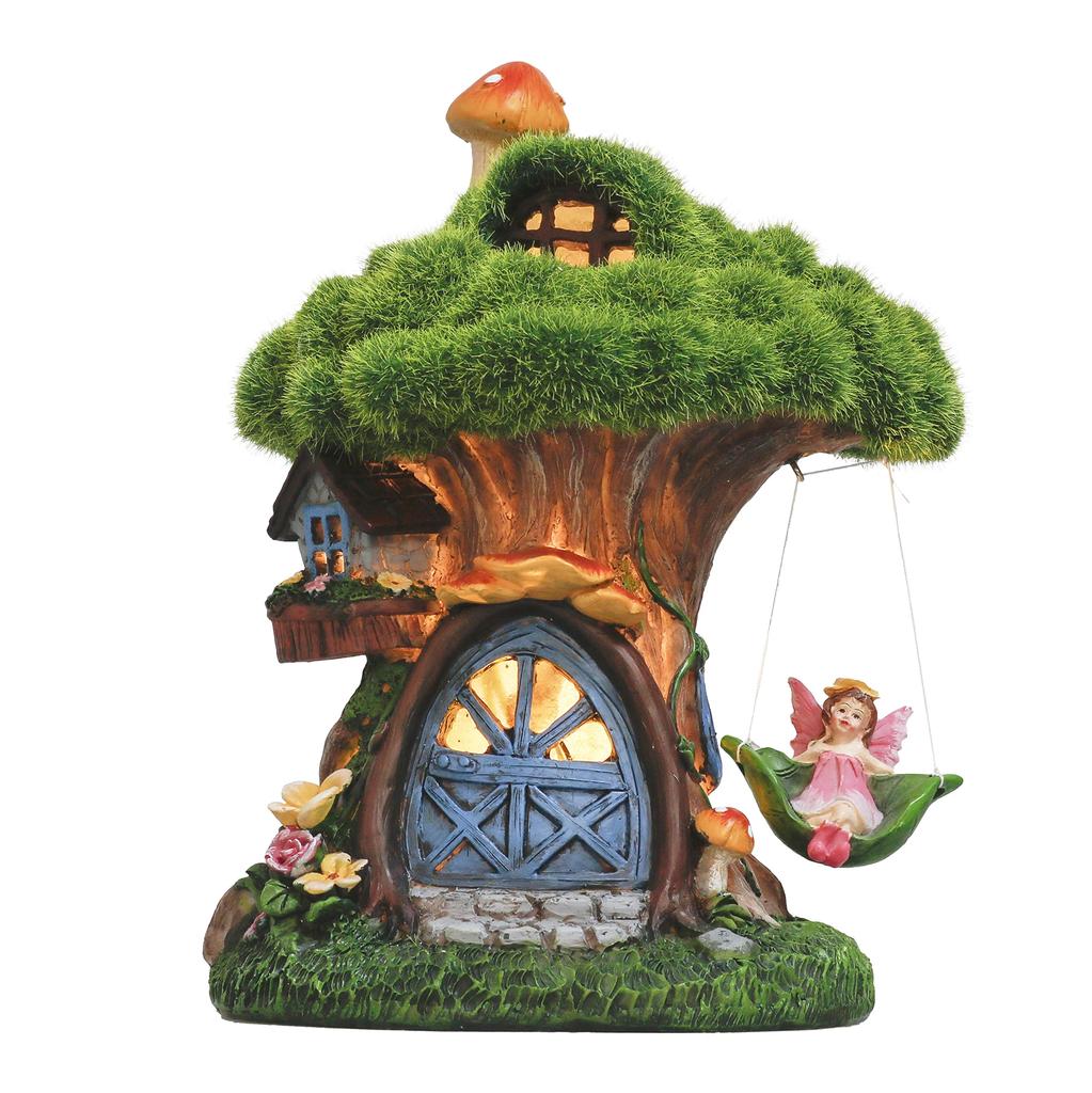 Valery Madelyn Fluffy Fairy House Garden Figurine with Solar Cute Fairytale Garden Outdoor No Batteries Waterproof Ornament, Solar-Powered Light,