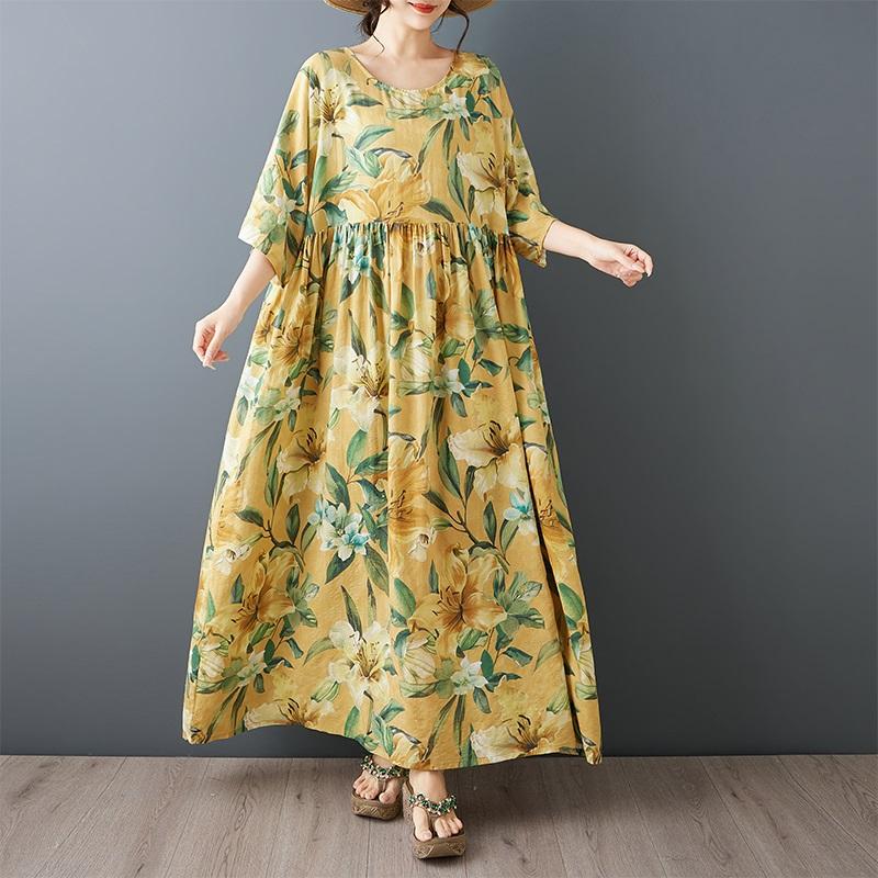 Κοντό μανίκι Plus size Βαμβακερό vintage φλοράλ νέο σε φορέματα για γυναίκες casual φαρδύ μακρύ καλοκαιρινό φόρεμα