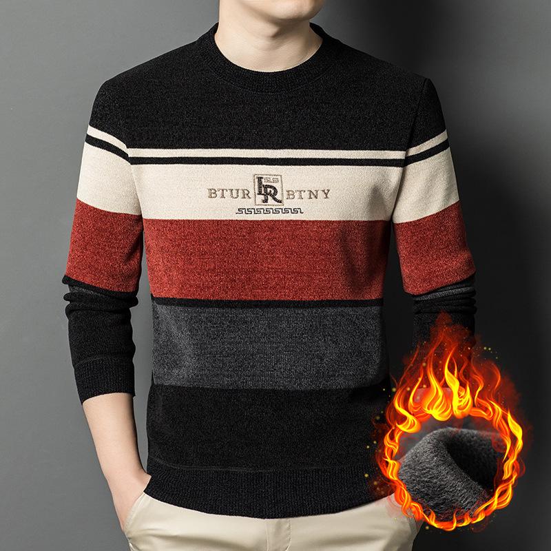 Men's Winter Chenille Sweater - Round Neck, Warm Velvet-Lined, Thick Knit Base Layer for Middle-Aged Men