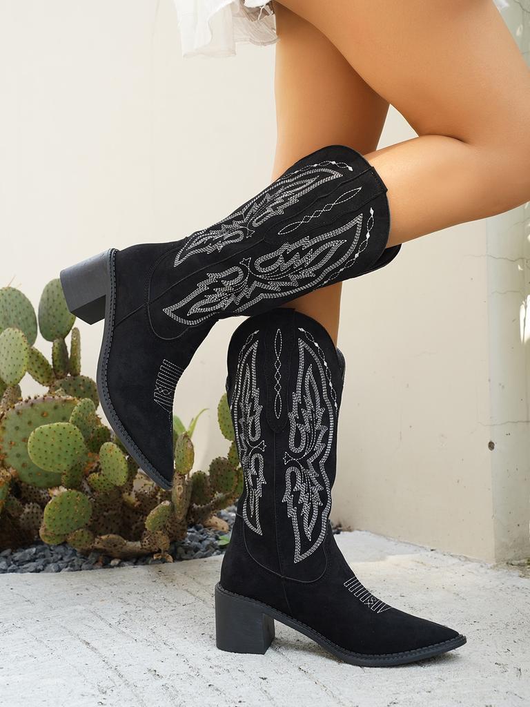 Fashion Women's large-sized embroidered western boots, pointed high-top mid-top knight boots