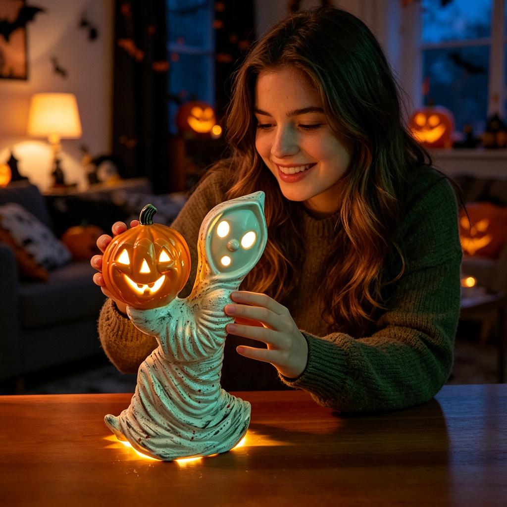 Vintage Ghost Holding Pumpkin Figurine with Warm White Light Bulb Small Night Light Halloween Decoration Indoor Use