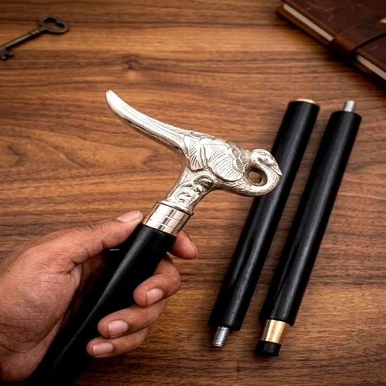 Antique Style Swan Handle Walking Stick: Aluminium, Wood, Victorian Gentleman Cane